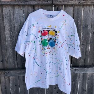 90s Lee White Paint-Splatter Graphic Tee with Red, Yellow, Green, Blue Accents